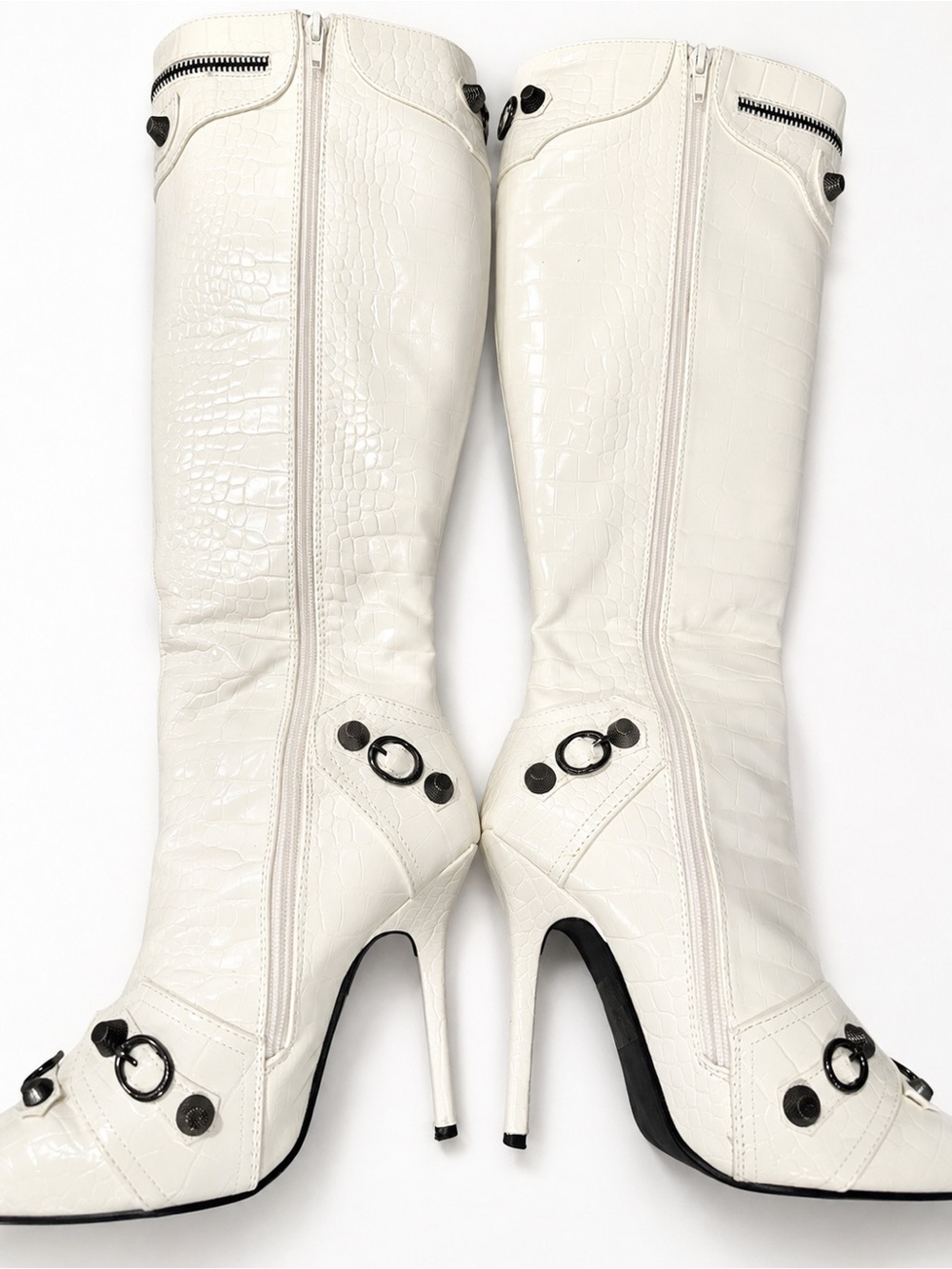 White Croc-Embossed High Heel Knee Boots - Women